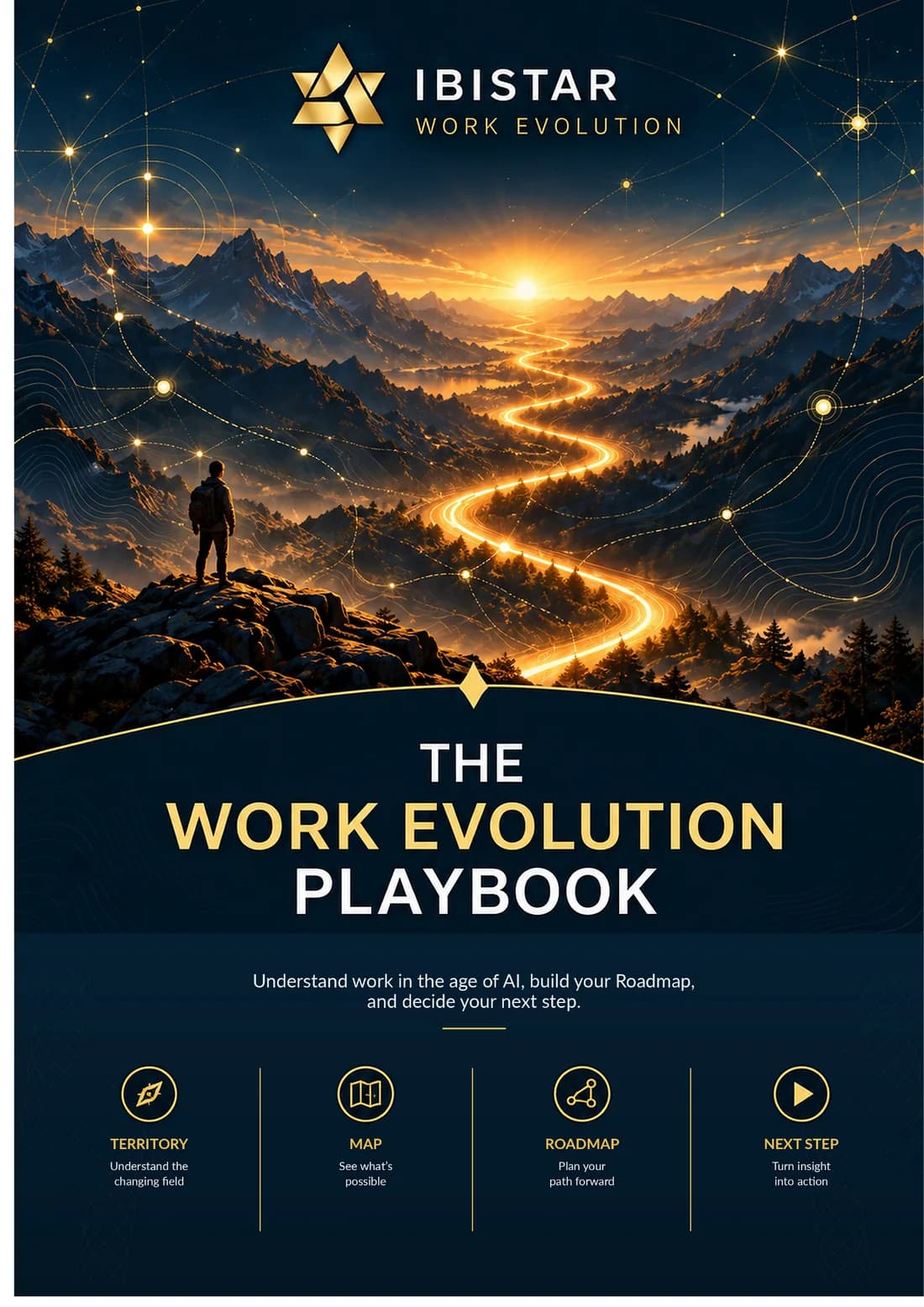 Cover of The Work Evolution Playbook by Ibistar, showing a glowing path through a mountain landscape.